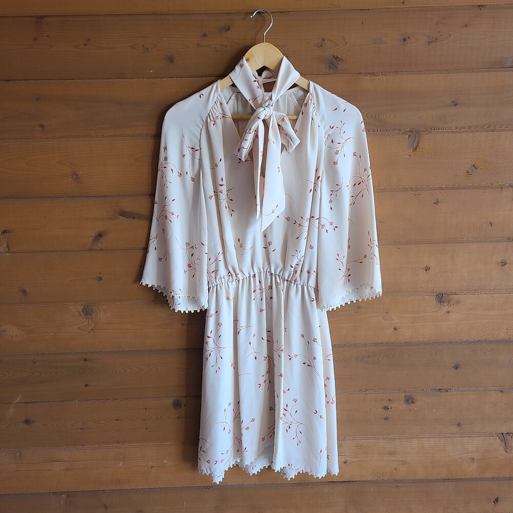 Joie Dakota Mini Dress Floral Aged White XS Neck Tie Cottagecore Boho Prairie - Picture 2 of 6